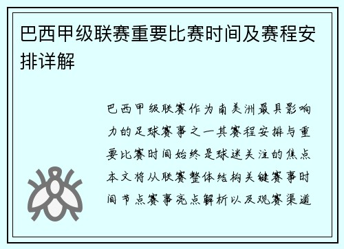 巴西甲级联赛重要比赛时间及赛程安排详解