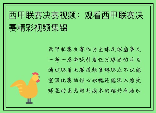 西甲联赛决赛视频：观看西甲联赛决赛精彩视频集锦